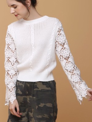 Sleeves Ambroidered Knitted Crop Sweater