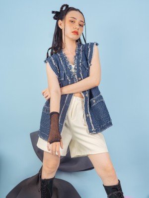 PT Textured Ripped Edges Oversize Denim Vest