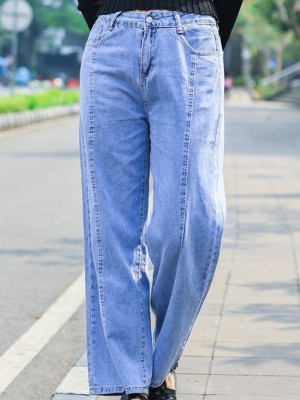 Front Stitch Wide Leg Washed Light Denim Jeans