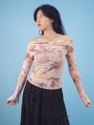 PT Folded Off Shoulder Abstract Sheer Top