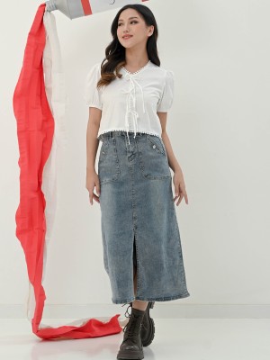 Denim Midi Skirt With Visible Pocket