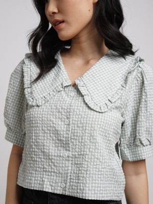 BFP Wide Ruffles Collar Semi Crop Checkered Shirt
