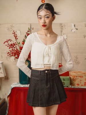 TT Heart Button Denim Pleats Skirt