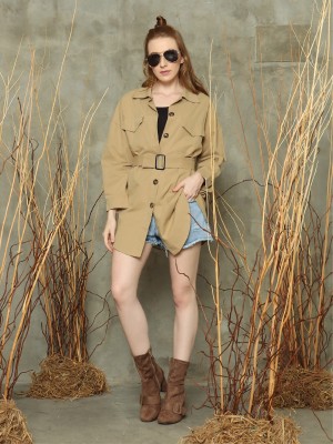 Double front pockets waist-tie trench coat