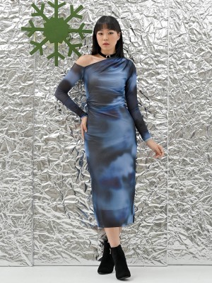 FELIZ23 Off Shoulder Printed Sheer Midi Dress