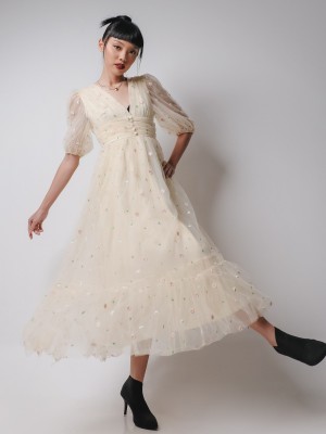 ELITEHT Flower Embroidery Cottage Tulle Midi Dress