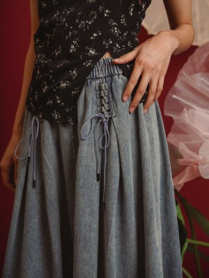 TT Elastic Waist Shoe Lace Denim Midi Skirt