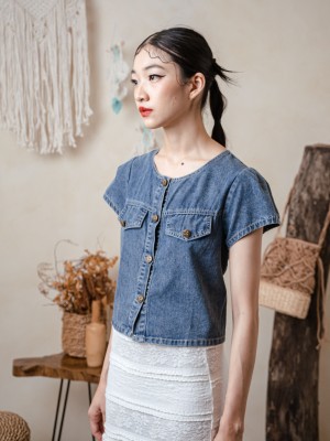 TW Ribbon Button Washed Denim Shirt