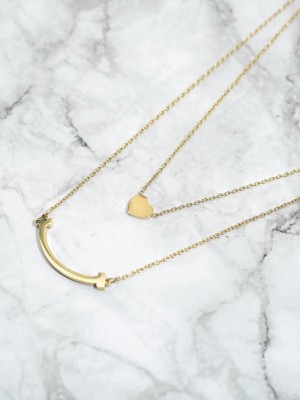 Heart n Smiley Face DoubleChain GLD Plate Necklace