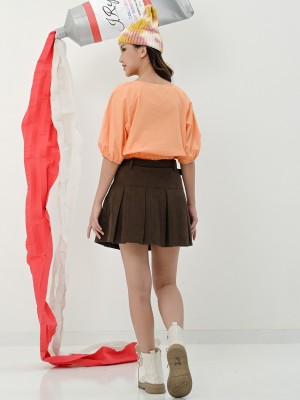 Suede Lines Pleated Skort wit Belt