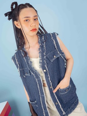 PT Textured Ripped Edges Oversize Denim Vest