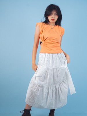 PT Tiered Elastic Waist Flower Eyelet Skirt