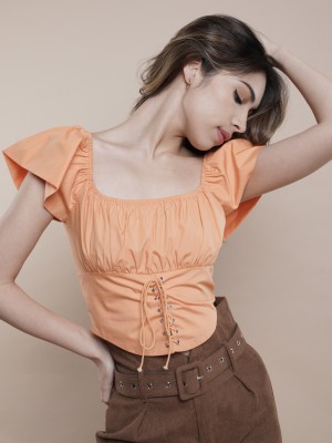 BFP PC Puff Sleeves Twill Crop Corset Top