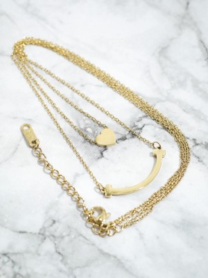 Heart n Smiley Face DoubleChain GLD Plate Necklace