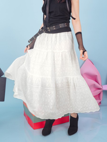 PT Tiered Elastic Waist Flower Eyelet Skirt