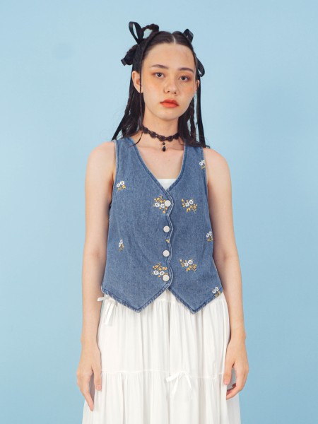 PT Flower Embroidery Denim Vest