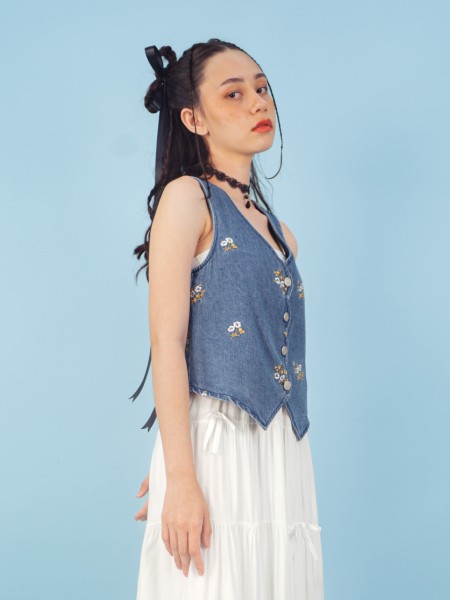 PT Flower Embroidery Denim Vest