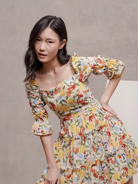 CNY Square neck flower paint dress