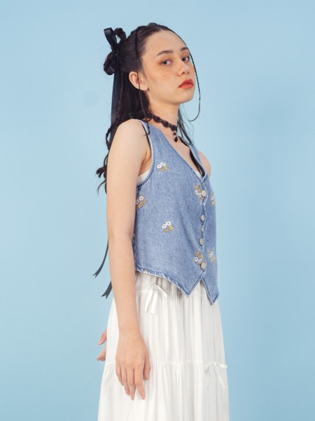 PT Flower Embroidery Denim Vest