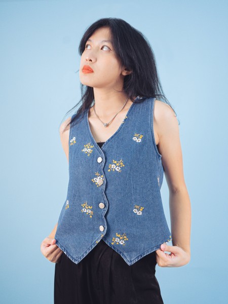 PT Flower Embroidery Denim Vest