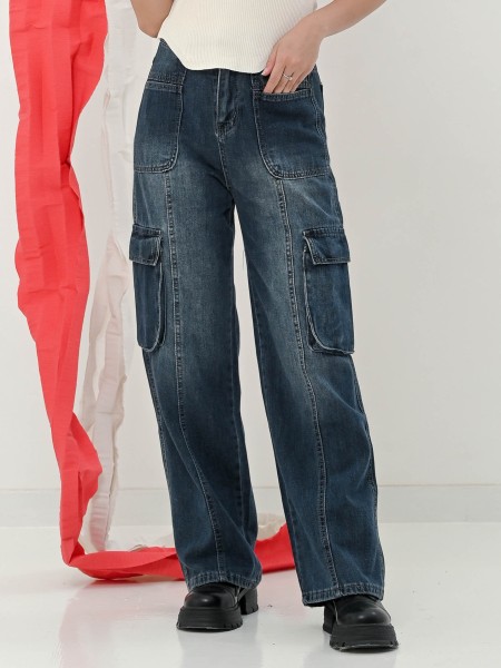 COLIND Blue Denim Wide Leg Cargo