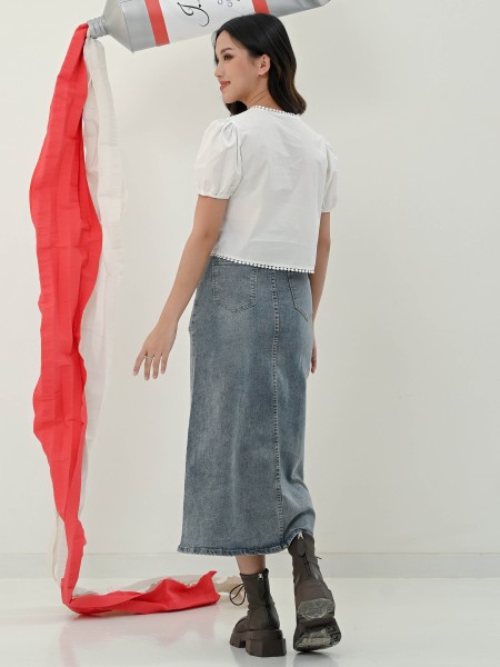 Denim Midi Skirt With Visible Pocket