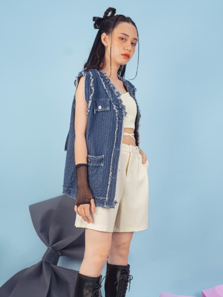 PT Textured Ripped Edges Oversize Denim Vest