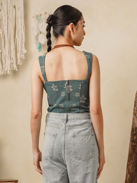 TW Flower Ripped Denim Drawstring Top