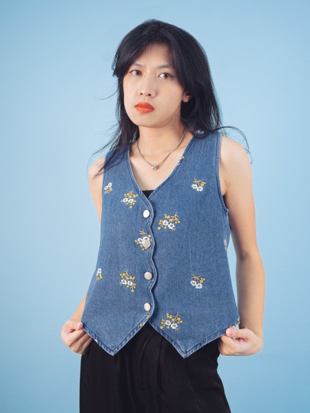 PT Flower Embroidery Denim Vest