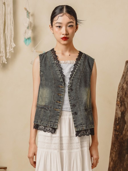 TW Burke Lace Edge Denim Vest