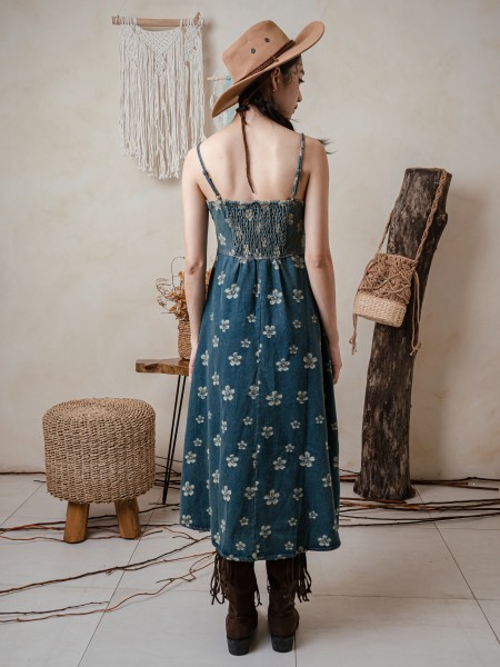 TW Denim Flower Ripped Washed Midi Denim Dress