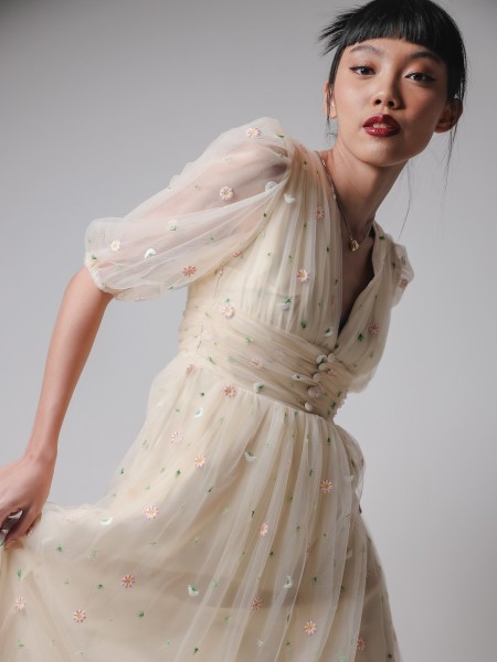 ELITEHT Flower Embroidery Cottage Tulle Midi Dress