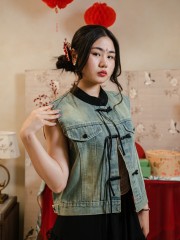 TT Oriental Button Details Oversize Denim Vest