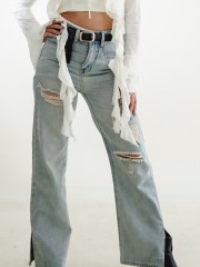 HT Ripped Ligh Wide Leg Denim