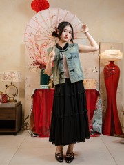 TT Oriental Button Details Oversize Denim Vest