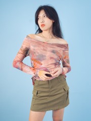 PT Folded Off Shoulder Abstract Sheer Top