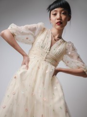 ELITEHT Flower Embroidery Cottage Tulle Midi Dress