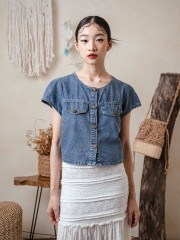 TW Ribbon Button Washed Denim Shirt