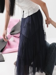 HT Tulle Tiered Wave Black Ribbon Long Skirt