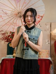 TT Oriental Button Details Oversize Denim Vest