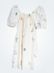 EA Puff Sleeves Flower Embrodeiry Cotton Poplin Dress