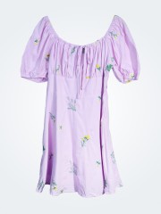 EA Puff Sleeves Flower Embrodeiry Cotton Poplin Dress