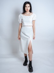 HT 2 Pieces Set Cross Tied Top And Split Skirt