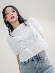 HT24 Pop Up Flower Embroidery Rib Neck Top