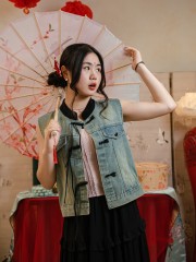 TT Oriental Button Details Oversize Denim Vest